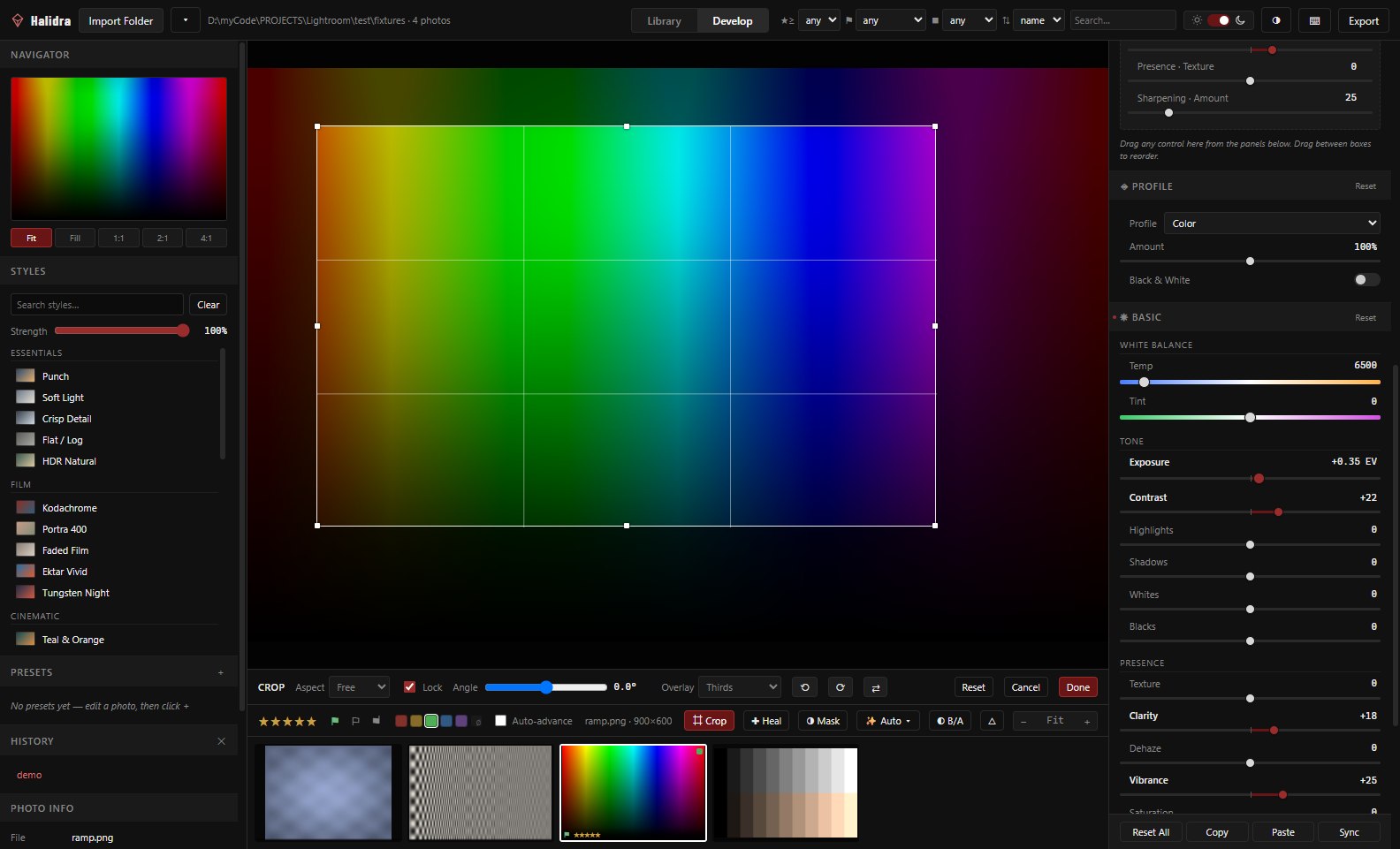Halidra's Crop tool over a colour test image, showing the thirds overlay, aspect lock and angle slider, with the Basic develop panel alongside.